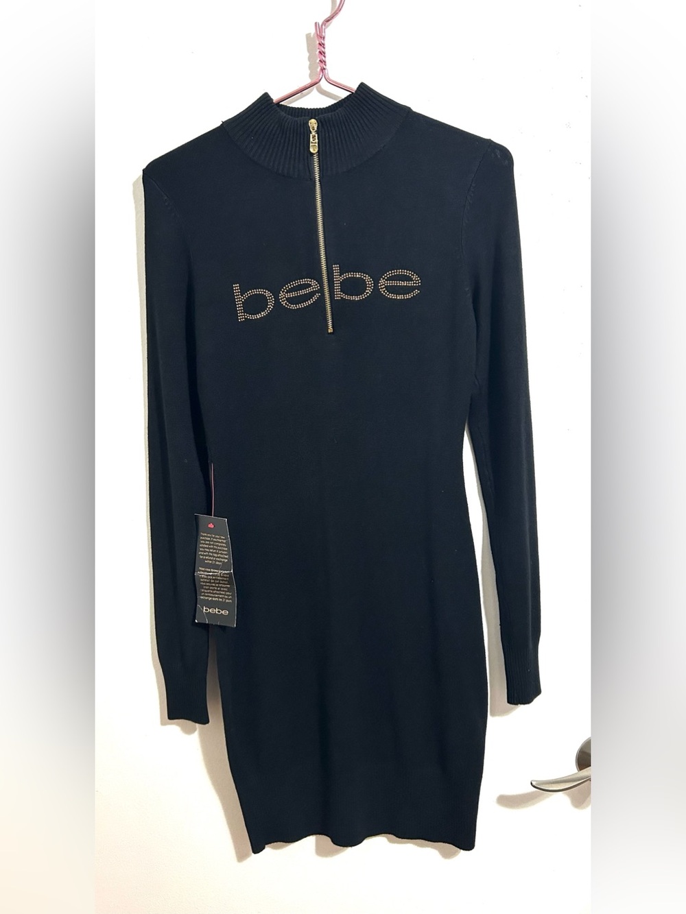 NWT Bebe Quarter Zip Ribbed Black Sweater Dress, Size Small - Picture 2 of 8